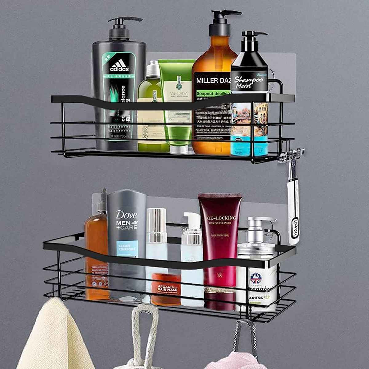 Soapix™ | Duschregal ohne Bohren – 2er-Set aus Edelstahl mit 5 Haken