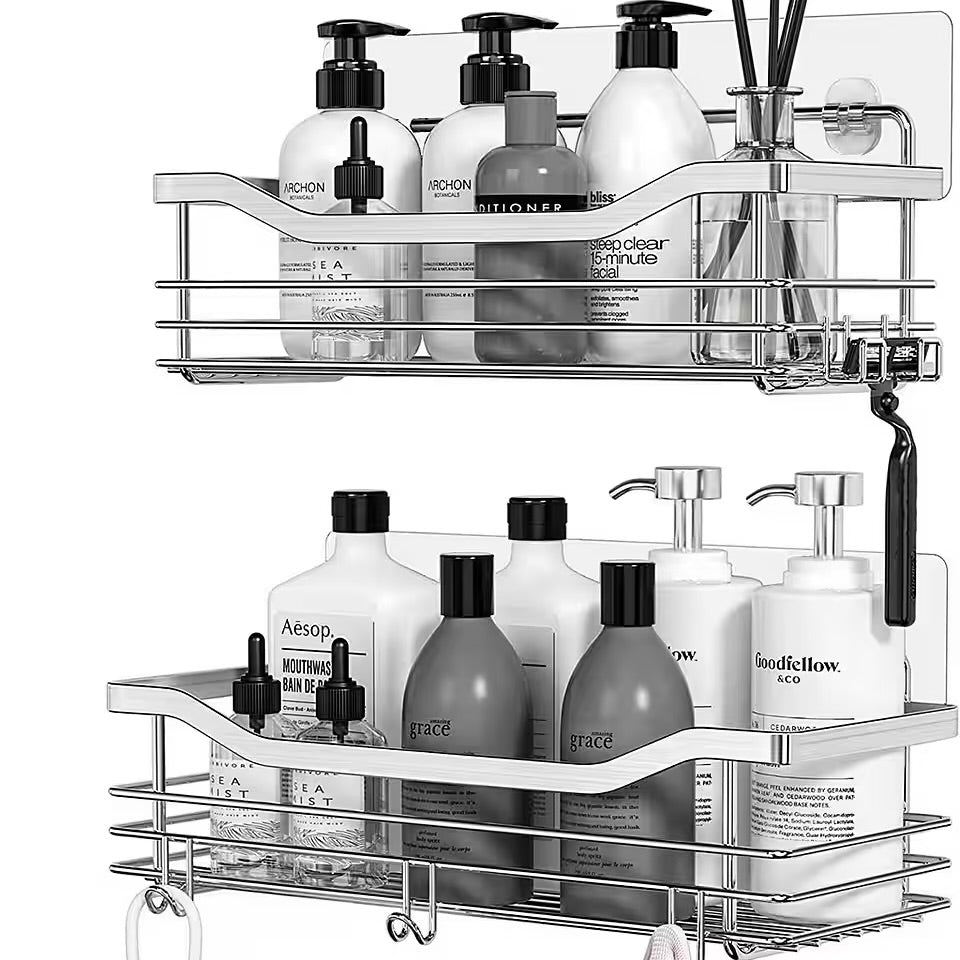 Soapix™ | Duschregal ohne Bohren – 2er-Set aus Edelstahl mit 5 Haken